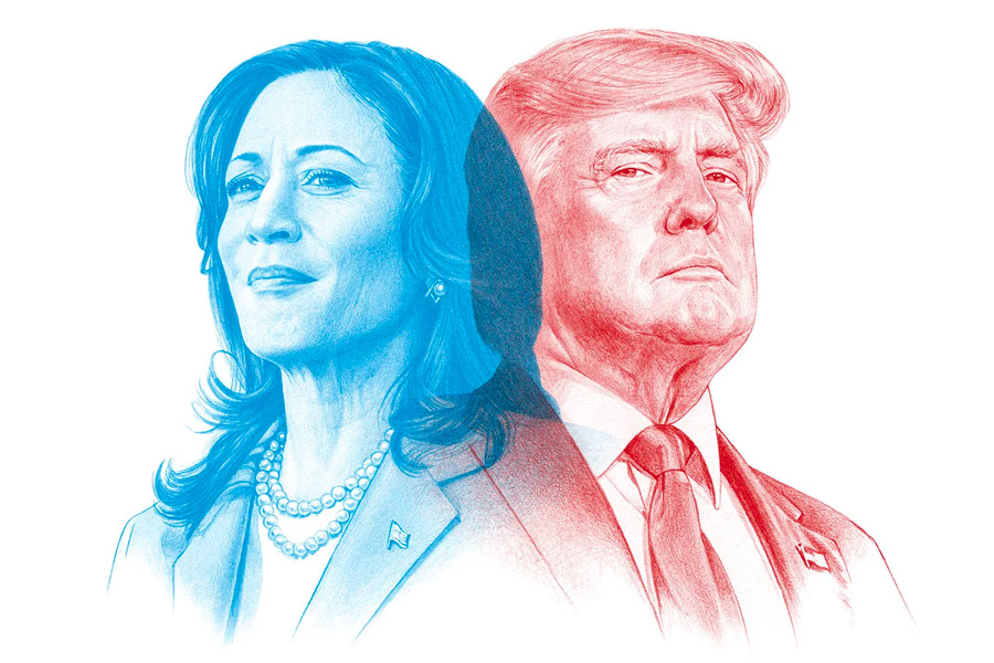 portraits illustrés au crayon de Kamala Harris et Donald Trump pour la présidentielle