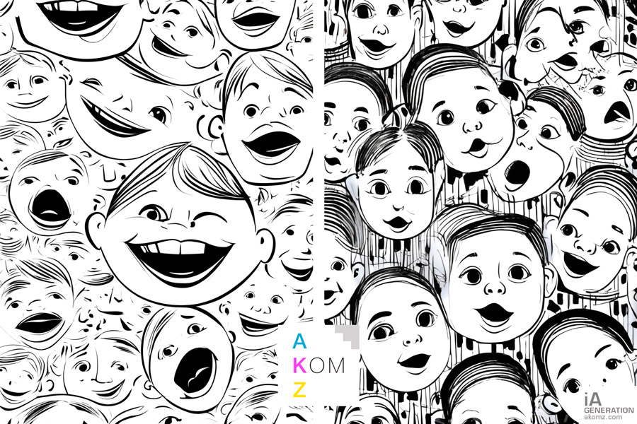 AI-generated line drawings of singing children's faces