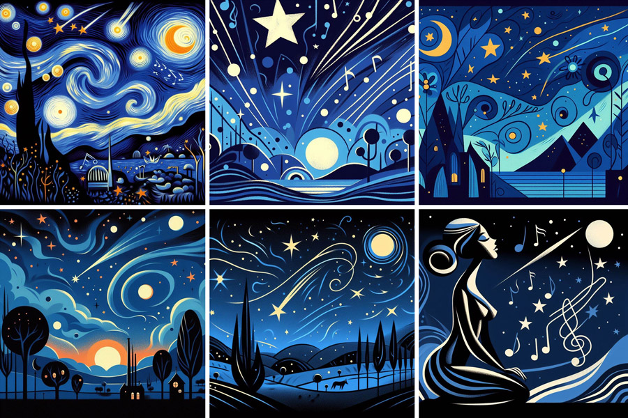 Illustrations of starry skies generated by DALLE-E AI in Microsoft Copilot