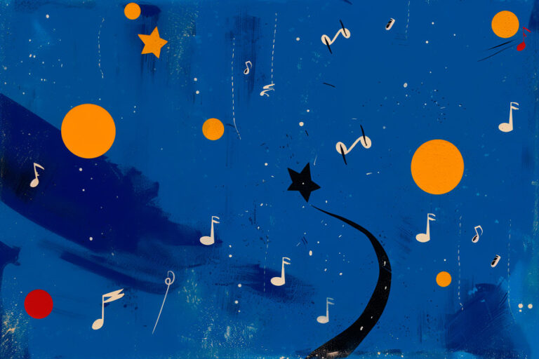 Graphic illustration of musical notes generated by Midjourney
