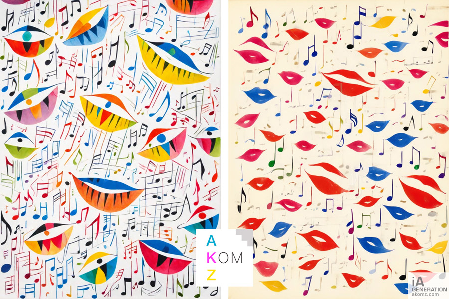 Illustration couleur de bouches et de notes de musique générée par IA