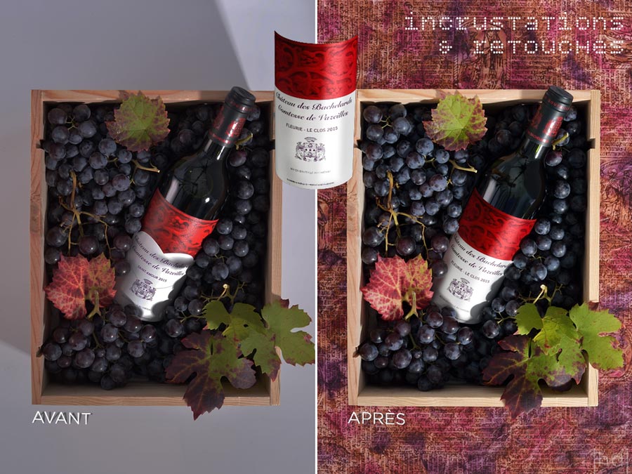 Montage photo publicitaire, remplacement d’une étiquette de vin