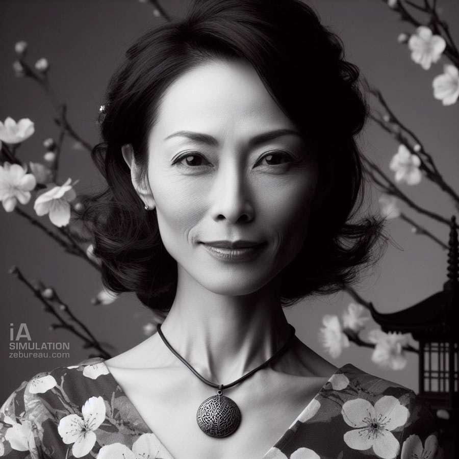 Portrait IA DALL-E de femme japonaise en noir et blanc