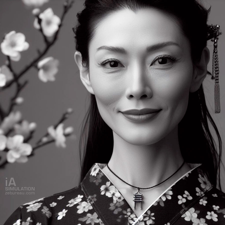 Portrait N&B de femme japonaise réalisé avec l'intelligence artificielle DALL-E
