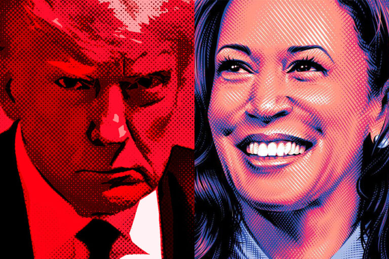 portraits of Kamala Harris and Donald Trump for the 2024 US presidential campaign