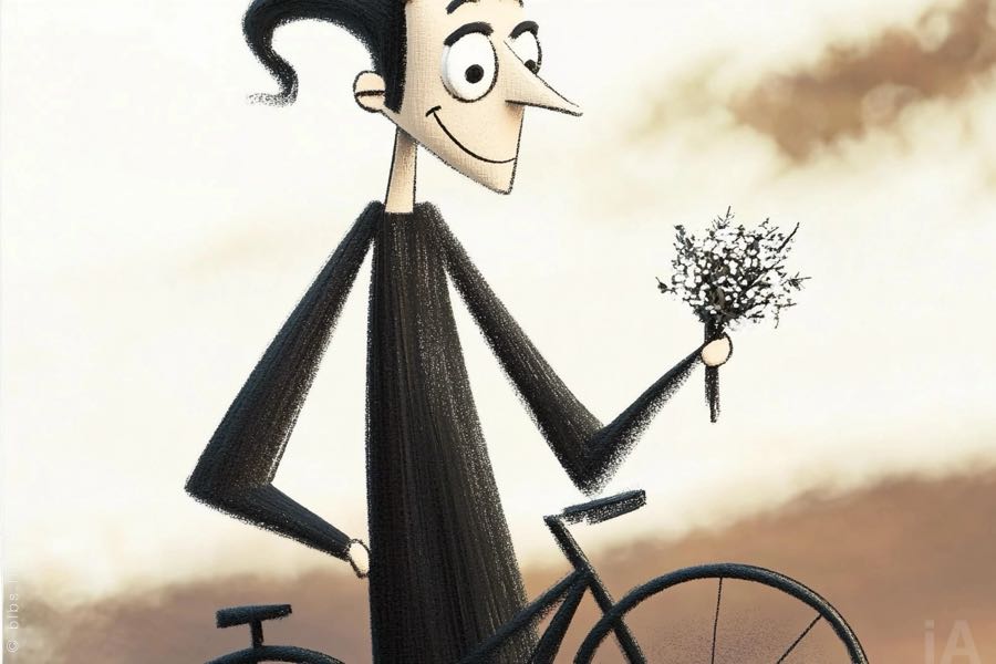 Rodingoth with his bike and a bouquet of flowers