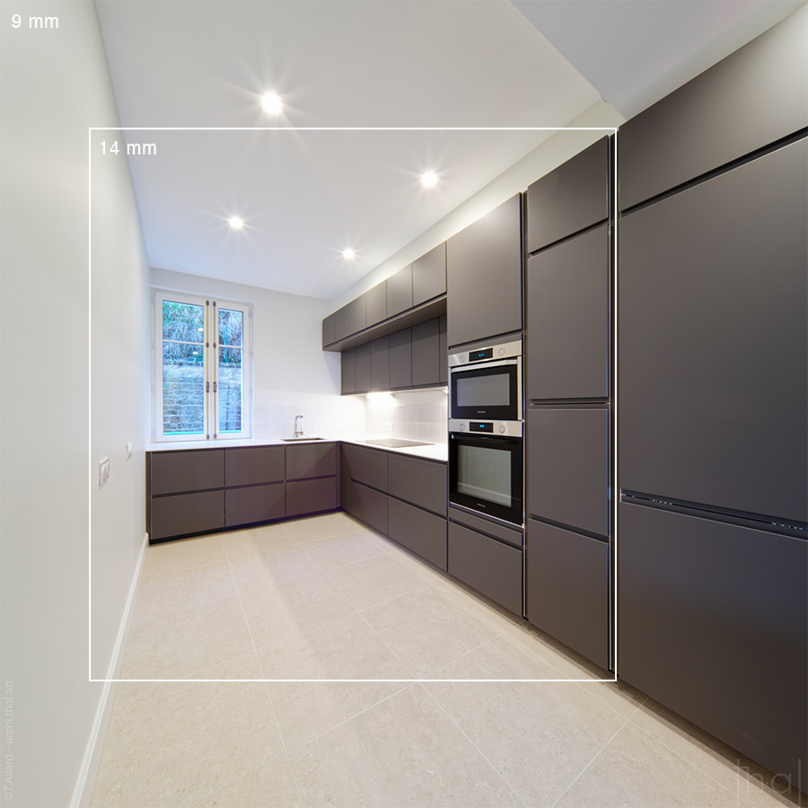 Kitchen interior photographed with a 9 mm ultra wide-angle lens